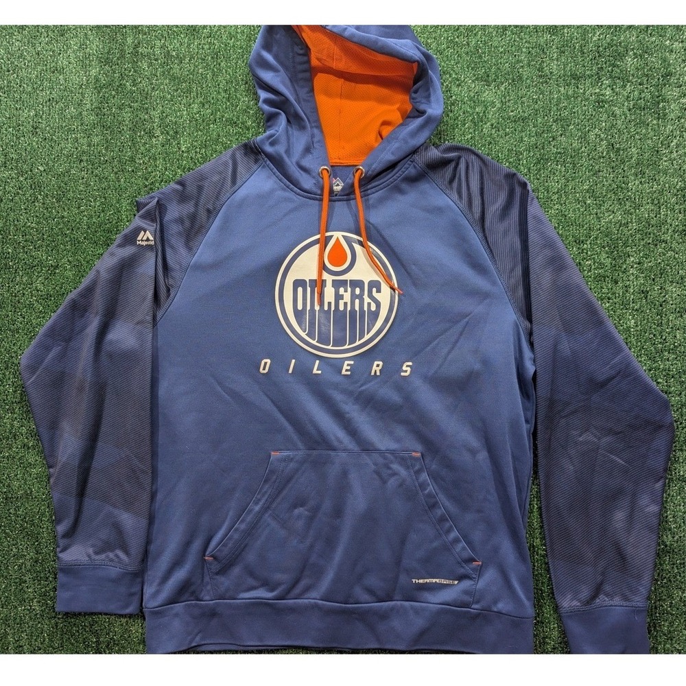 Majestic Edmonton Oilers Hoodie Men's Large Blue Orange NHL Sweatshirt